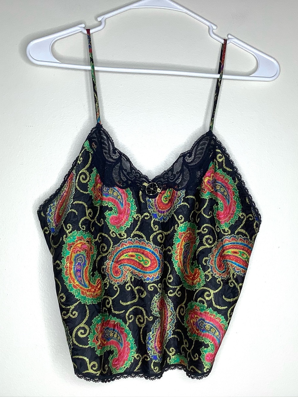 < Vintage Paisley Pattern Black Lace Trim Lingerie Cami >
